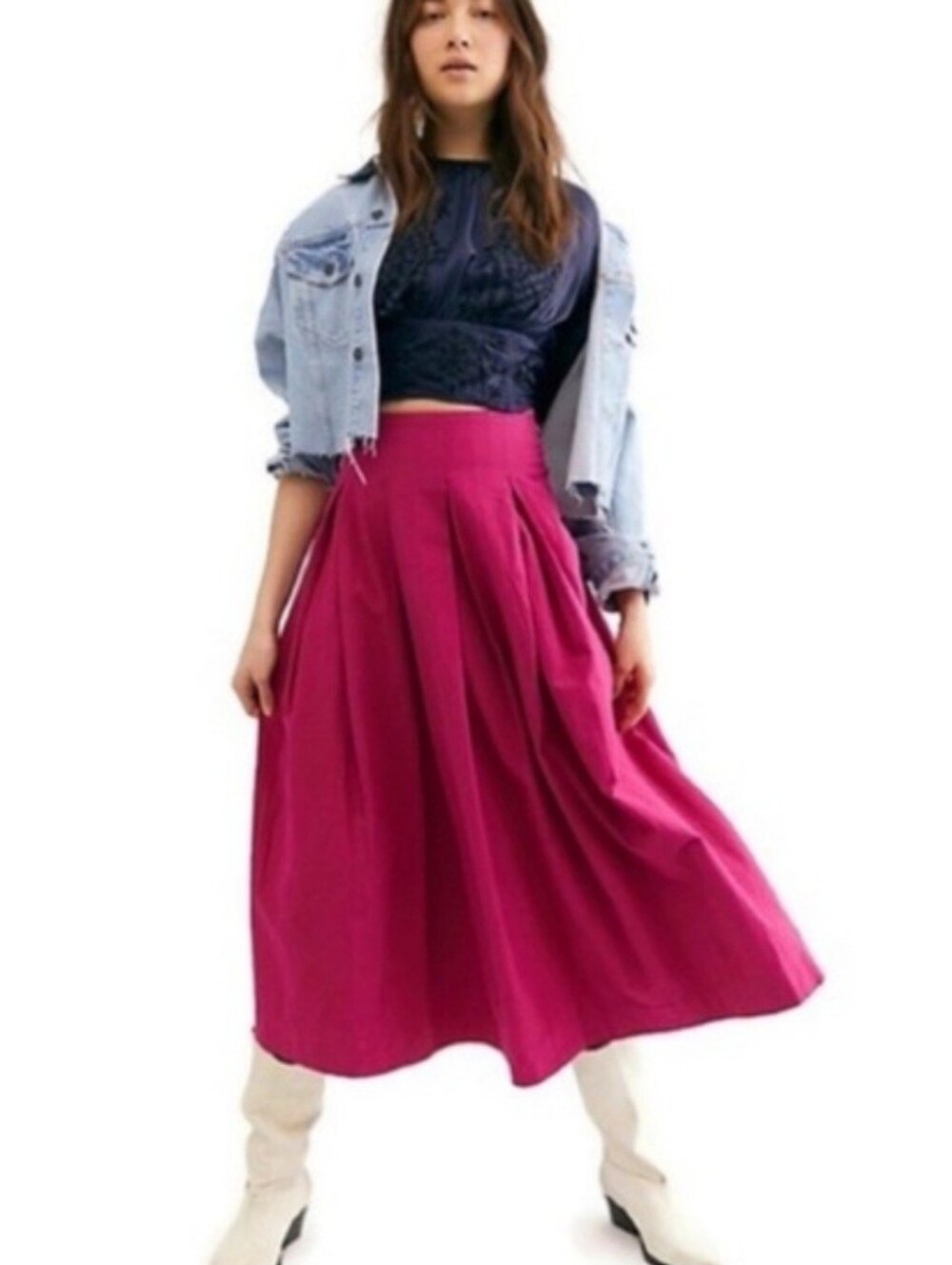 Free People Fuchsia Pleated Midi Skirt (Size S)